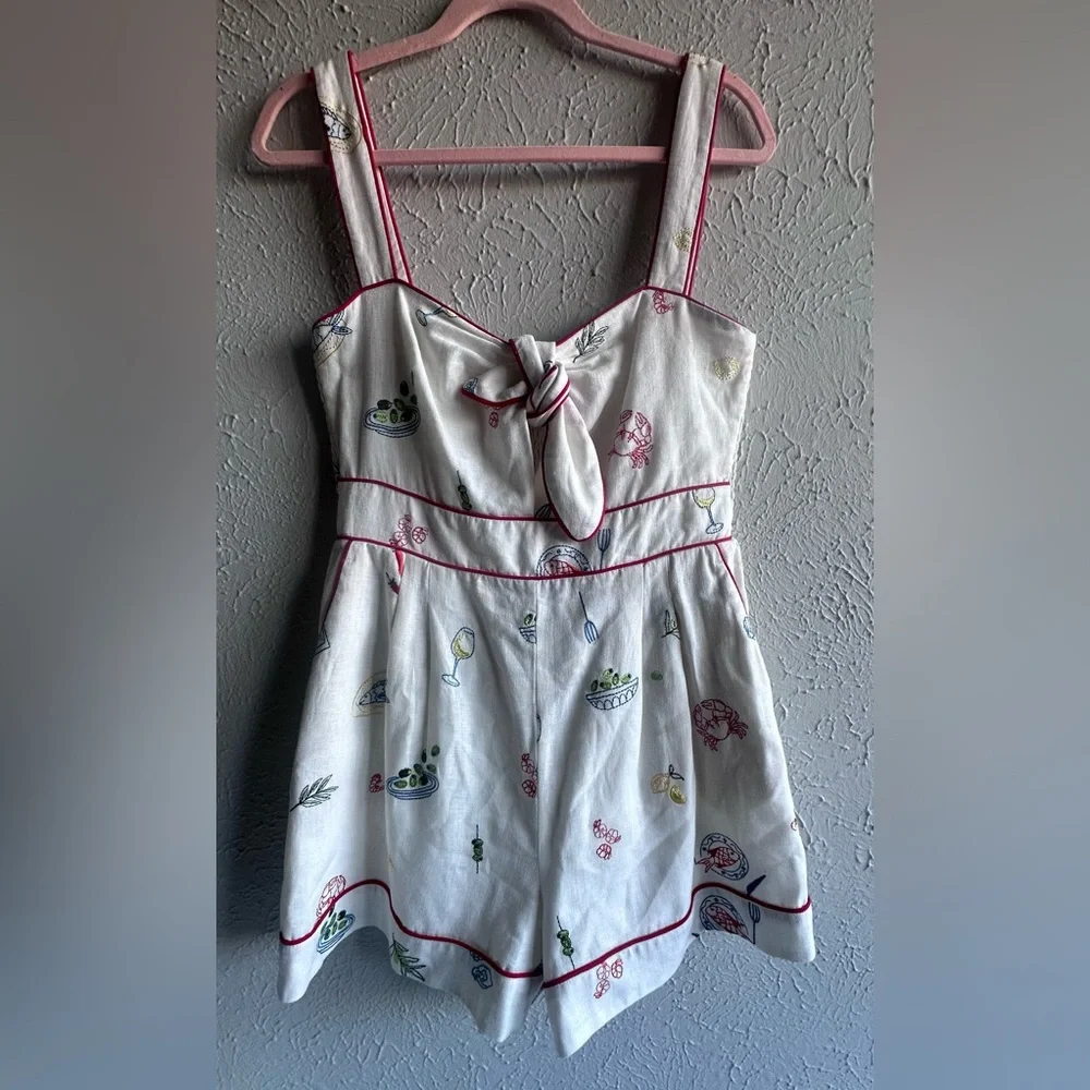 Caroline Constas Embroidered Linen Romper - Mediterranean Food Print - Size M. - Picture 15 of 17